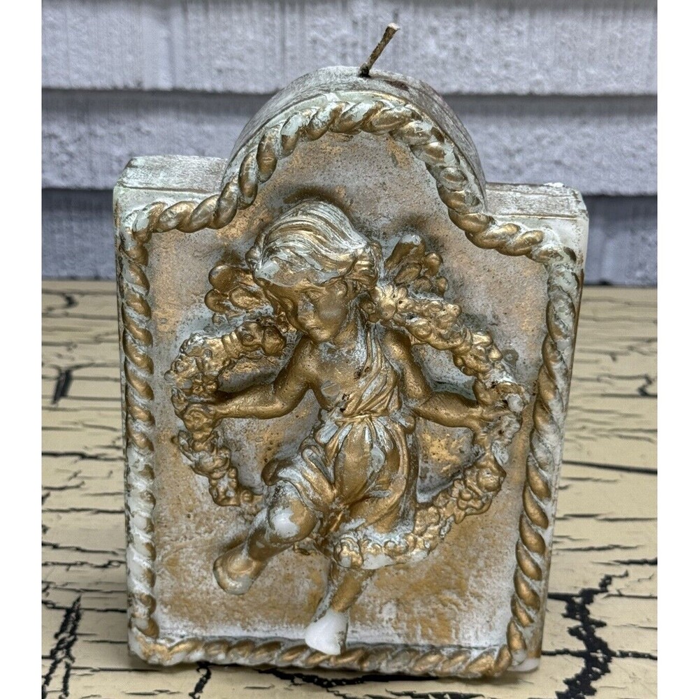 VTG Angel Cherub Girl Gold & White Christmas Art Candle Decorative Home Decor